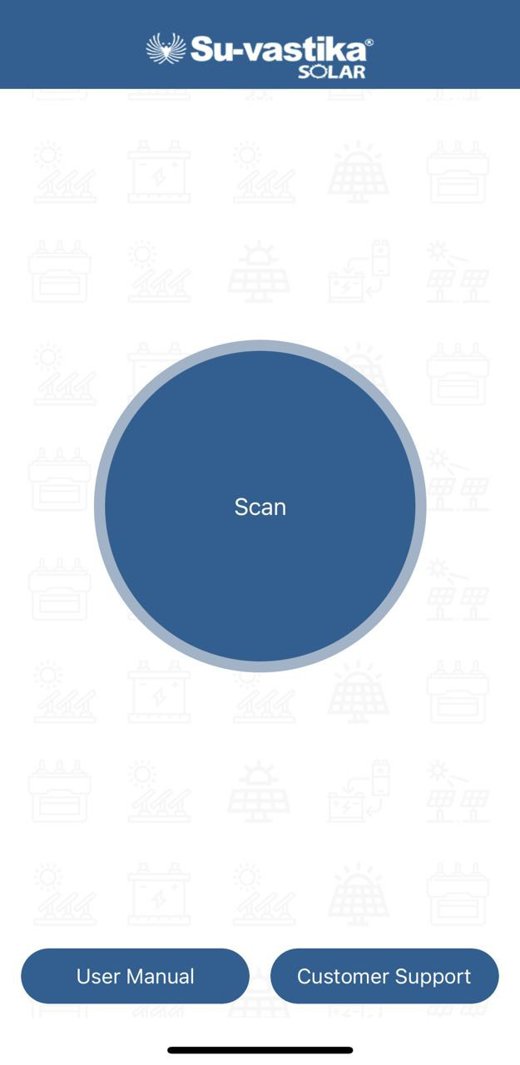 Su-vastika Solar PCU app pairing screen — scan the device serial number