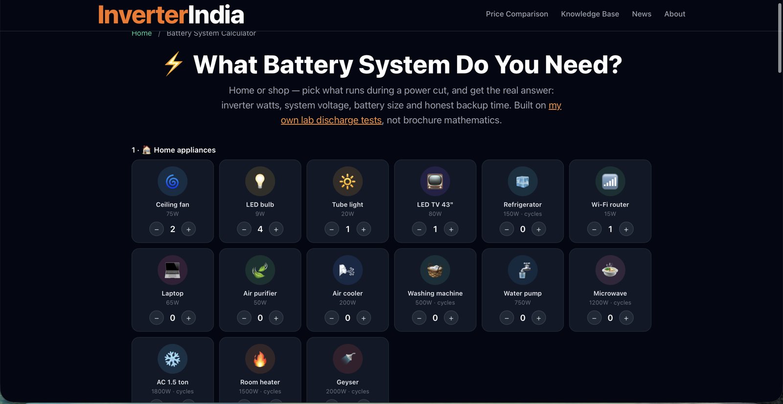 Battery System Calculator on InverterIndia.com — appliance picker with real wattages