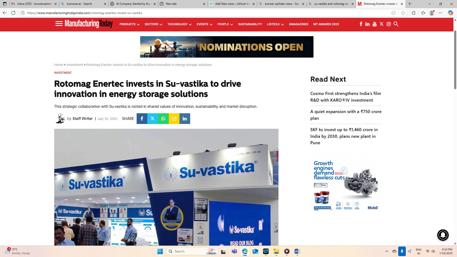 Rotomag invested in Su-vastika news in manufacturing India