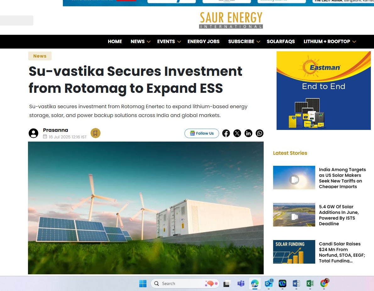 Su-vastika Secures Investment from Rotomag to Expand ESS